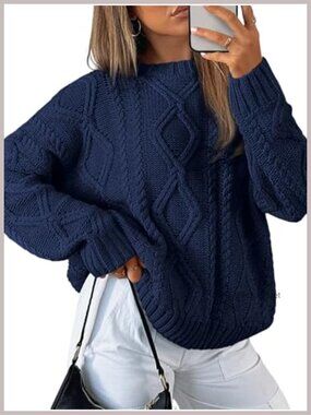 Oversized Cable Knit Sweater Long Sleeve Crew Neck Pullover